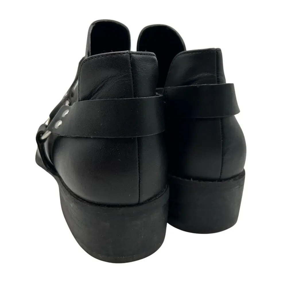 BP Nordstrom Black Leather Moto Ankle Boot Size 8.5 Harness Ring Zip Buckle Fall